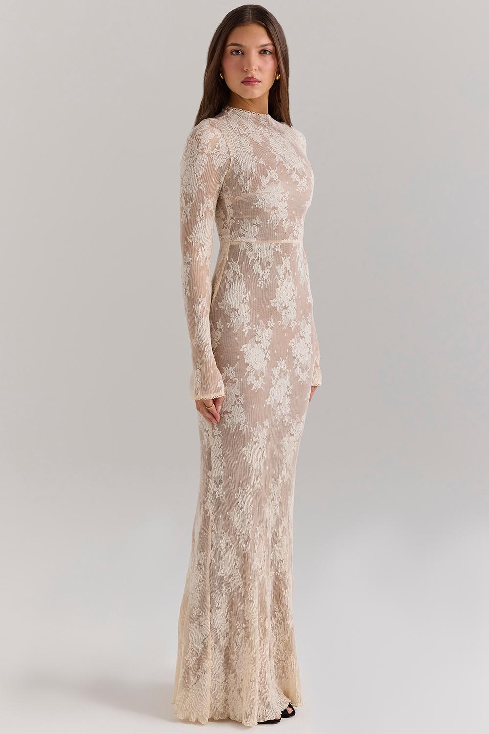 Isoline Peach Lace Maxi Dress Product Image