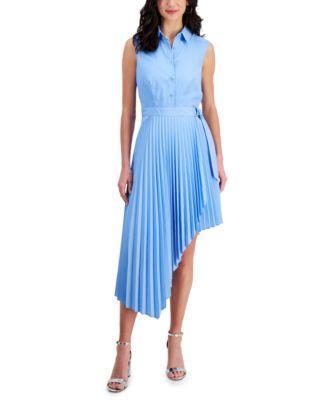 Taylor Womens Belted Sunburst-Pleat Asymmetric-Hem Dress Product Image