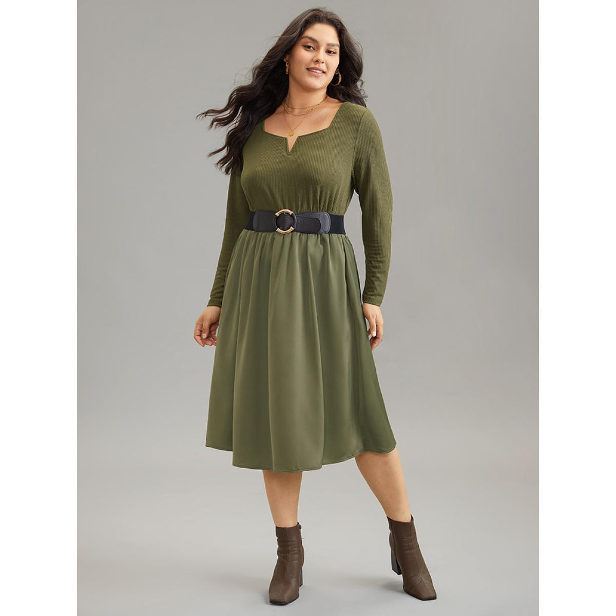 Plus Size Twill Patchwork Elastic Waist Gathered Dress Olive Women Casual Texture Notched collar Long Sleeve Curvy Midi Dress BloomChic 18-20/2X Product Image