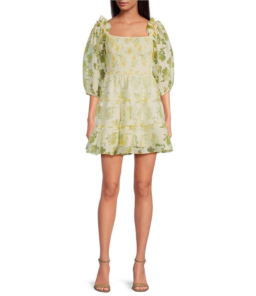 Layered With Love Beau Floral Burnout Jacquard Square Neck 3/4 Sleeve A-Line Mini Dress Product Image