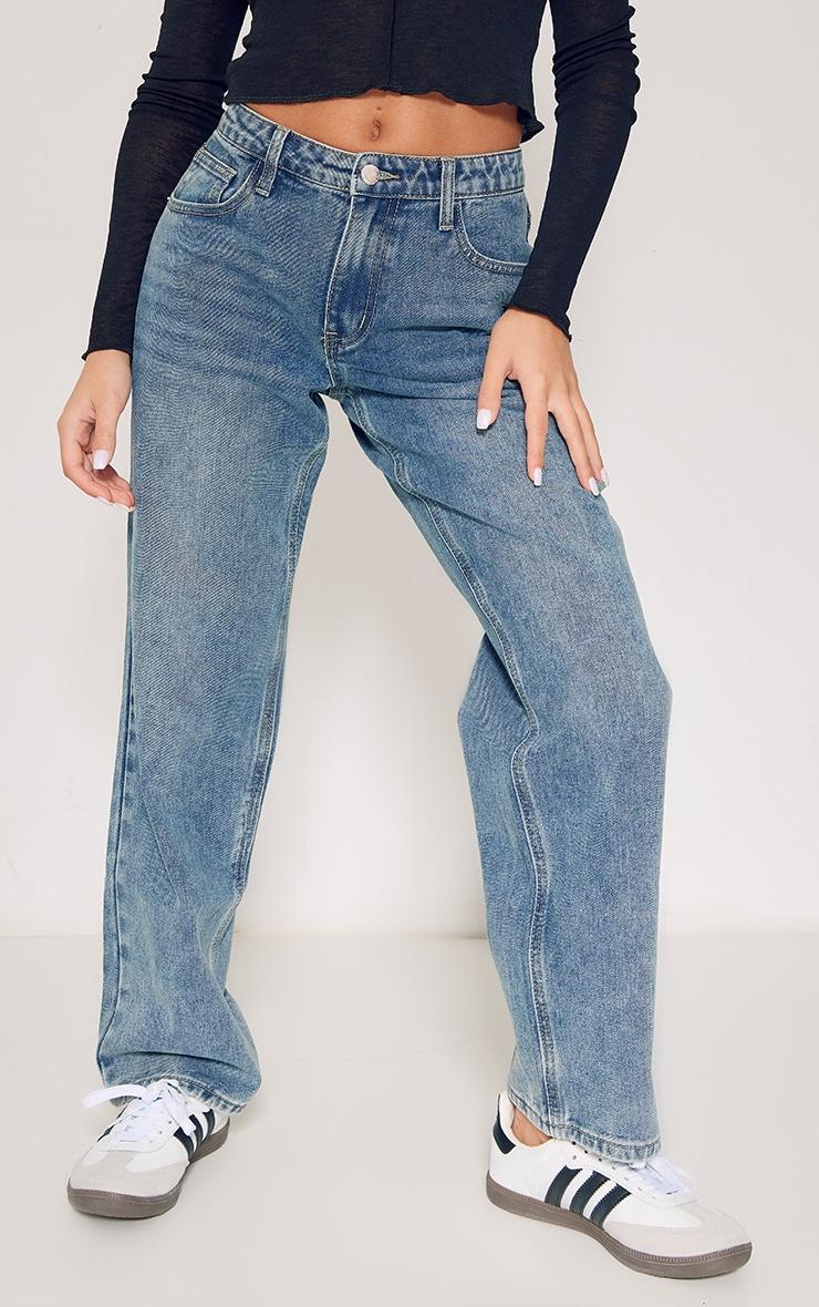 Petite Vintage Wash Rigid Low Rise Wide Leg Jeans Product Image