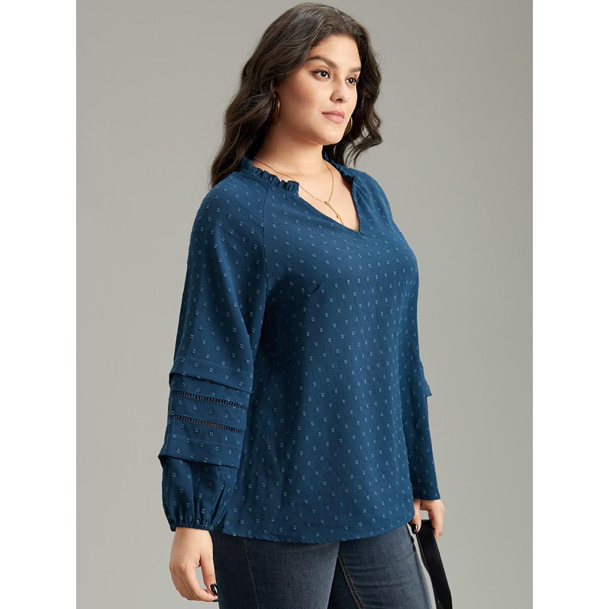 Plus Size Aegean Plain Textured Cut Out Frill Trim Lantern Sleeve Blouse Women Office Long Sleeve V-neck Work Blouses BloomChic 12/L Product Image