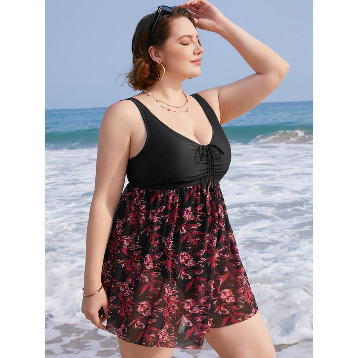 Plus Size Plant Print Drawstring Ruffles Ruched A Line Swim Dress Women's Swimwear Black Vacation Bodycon V-neck High stretch Curve Swim Dresses BloomChic 14-16/1X Product Image