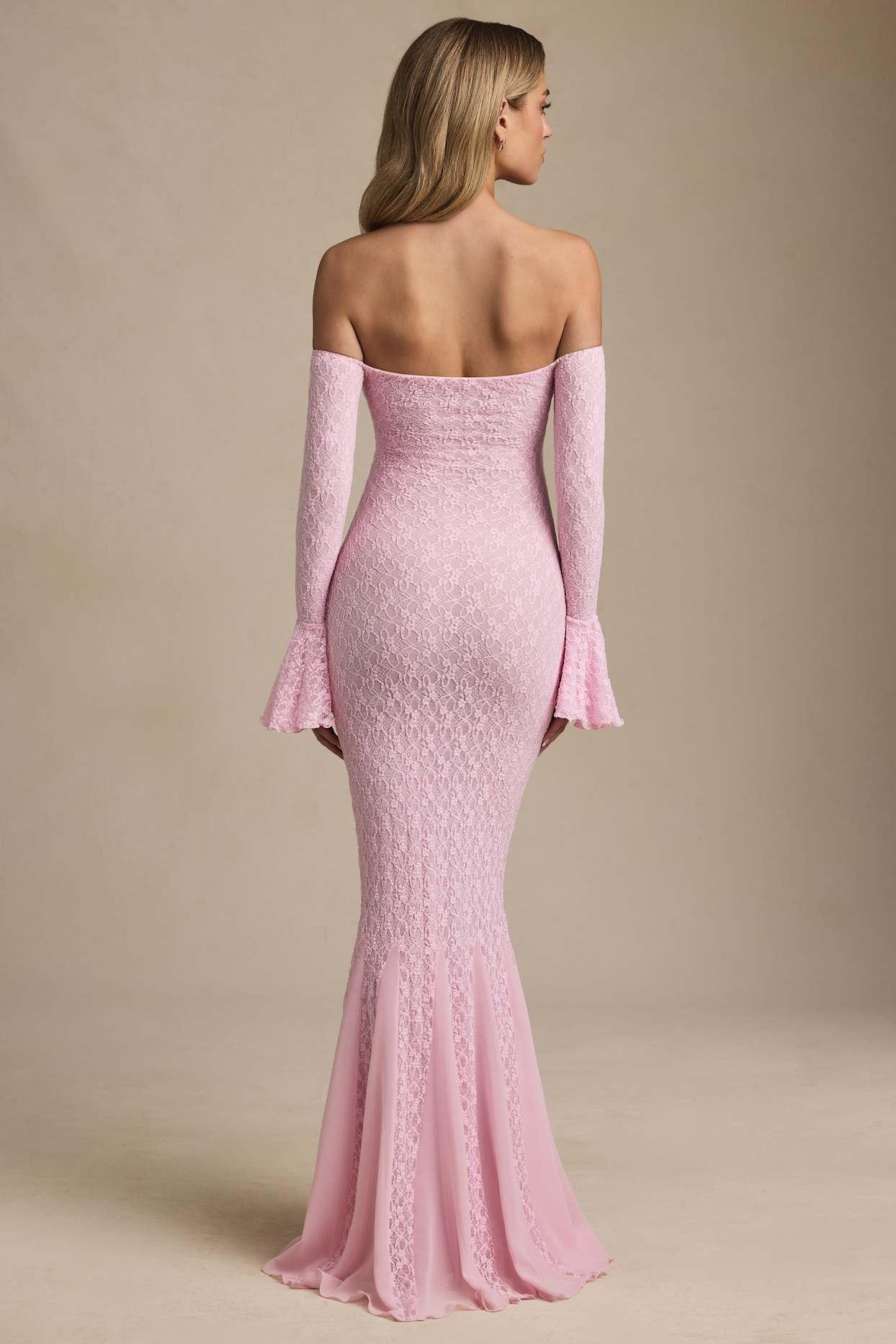 Off-Shoulder Ruffle Lace Maxi Dress in Soft Pink Product Image