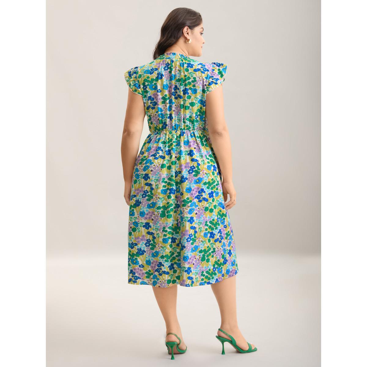 Plus Size Floral Print Shirred Pockets Midi Dress Cerulean Women Elegant Frill Trim Mock Neck Cap Sleeve Curvy BloomChic 18-20/2X Product Image