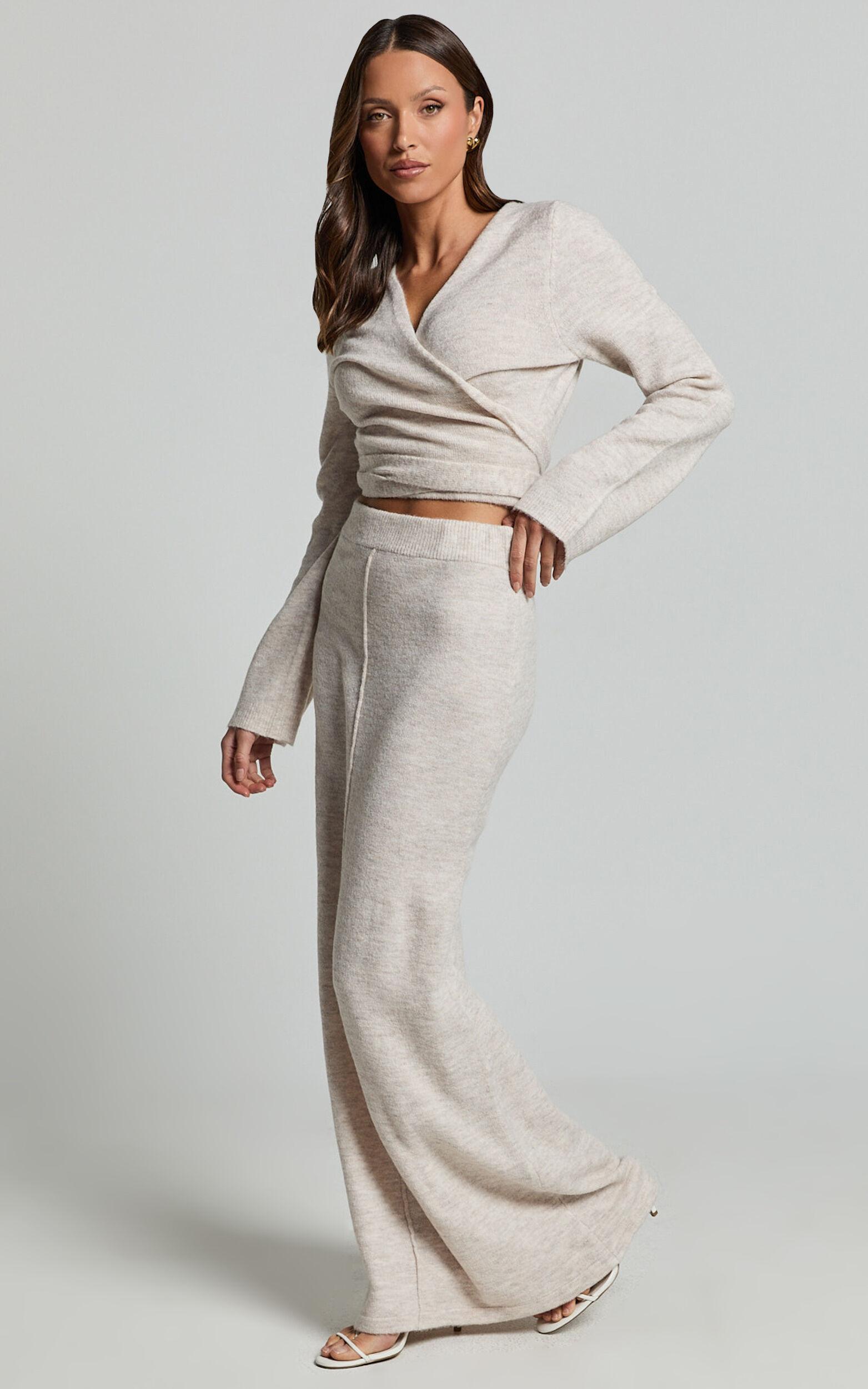 Tessa Top - Knitted Long Sleeve Wrap Cardigan Top in Stone Product Image
