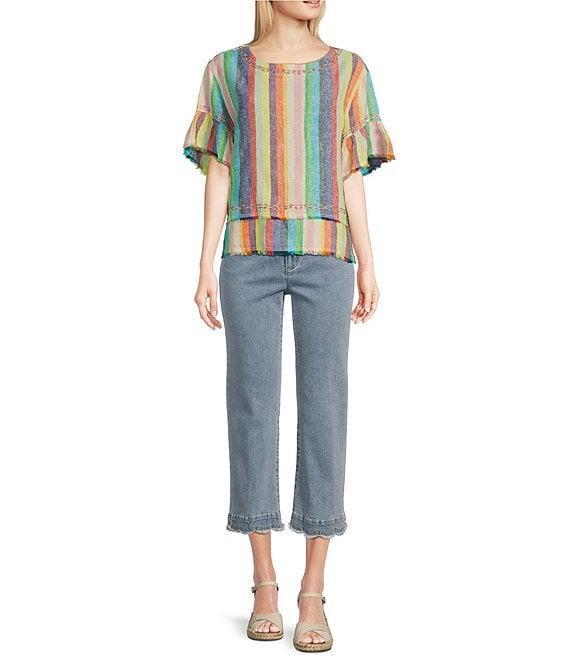 John Mark Embroidered Yarn-Dye Stripe Crew Neck Short Ruffle Hi-Low Hem Top Product Image
