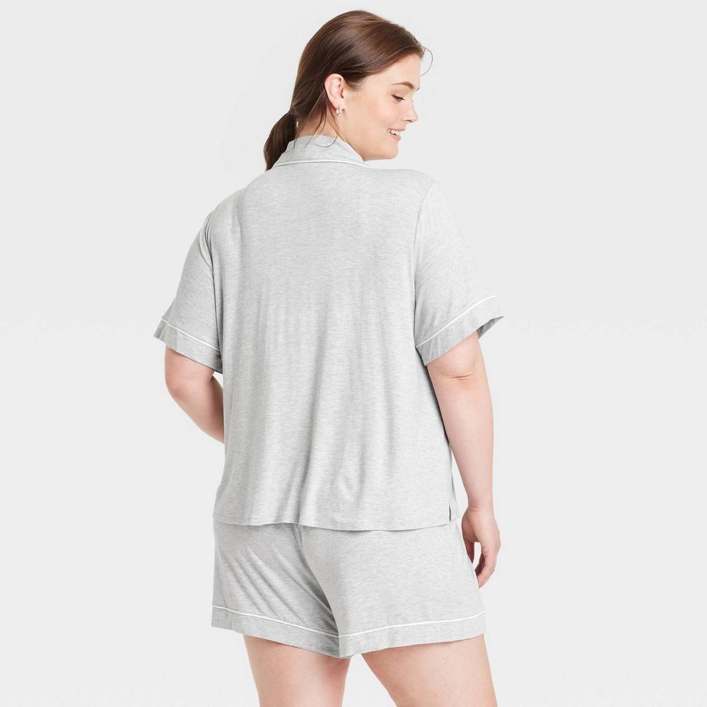 Womens Cloud Knit Short Sleeve Notch Collar Top and Shorts Pajama Set - Auden Heathered 2X: Modal-Spandex Blend, Front Button Down Product Image