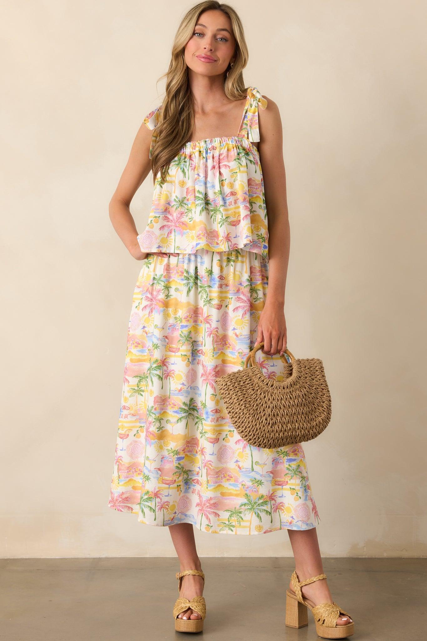 Seaside Bliss Ivory Multi Tropical Print Linen Maxi Skirt Product Image