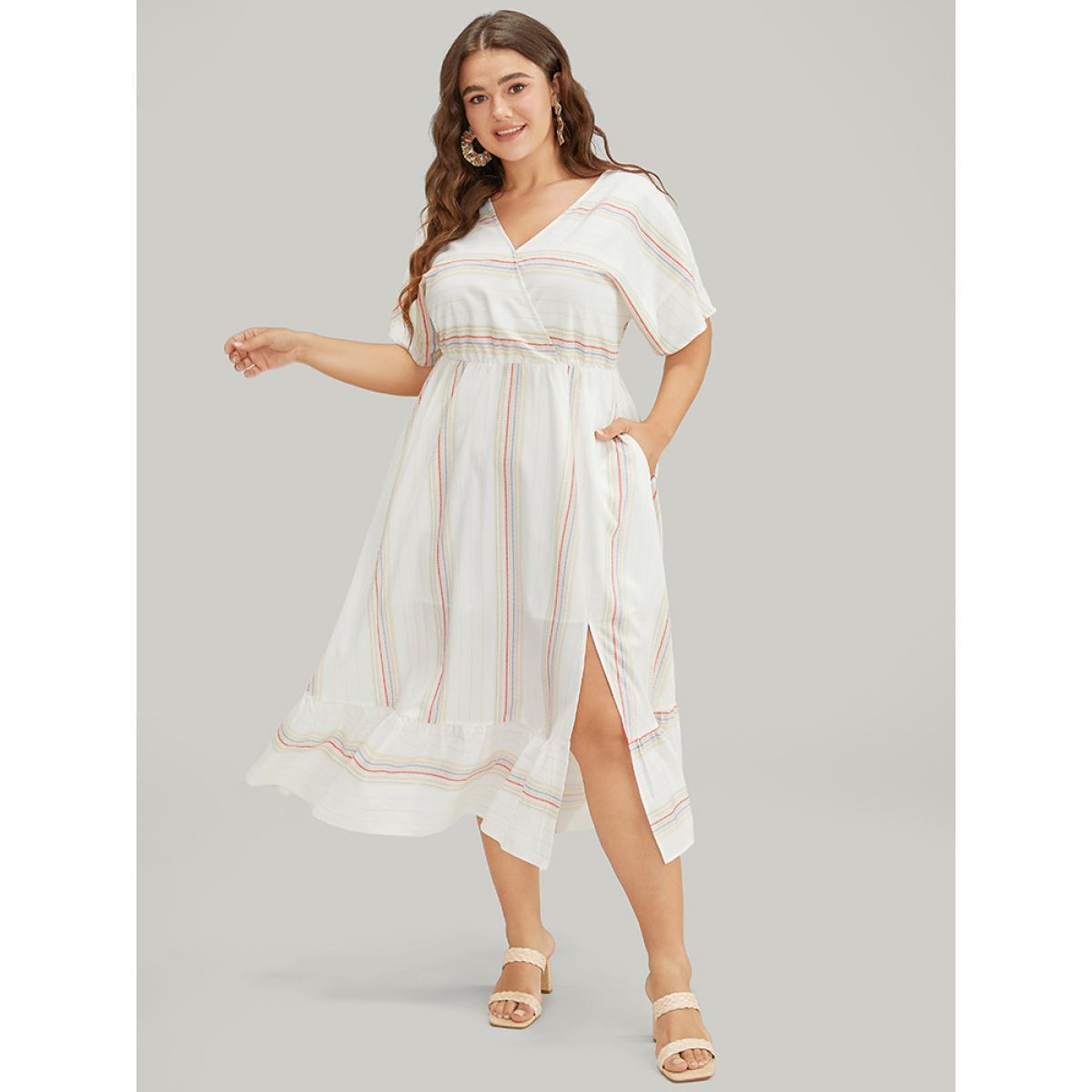 Plus Size Striped Contrast Flutter Hem Dolman Sleeve Pocket Split Wrap Dress Ivory Women Vacation Contrast V-neck Short sleeve Curvy Midi Dress BloomChic 22-24/3X Product Image