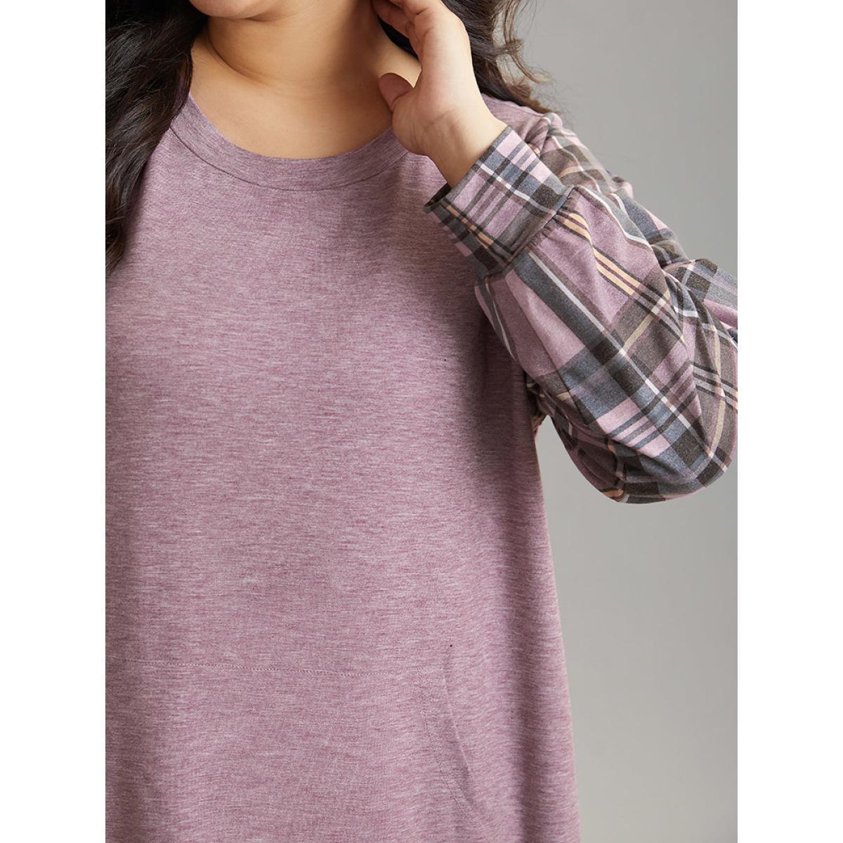 Plus Size Plaid Print Patchwork Kangaroo Pocket Sweatshirt Women Purple Casual Patchwork Round Neck Dailywear Sweatshirts BloomChic 10/M Product Image