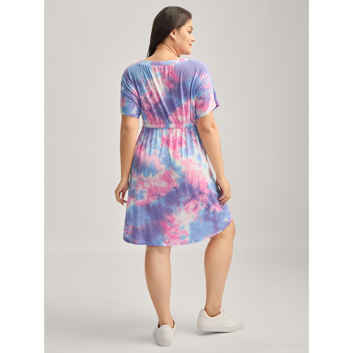 Plus Size Tie-Dye Curvy Hem V-Neck Midi Dress Multicolor Women V-neck Short sleeve Curvy BloomChic 22-24/3X Product Image