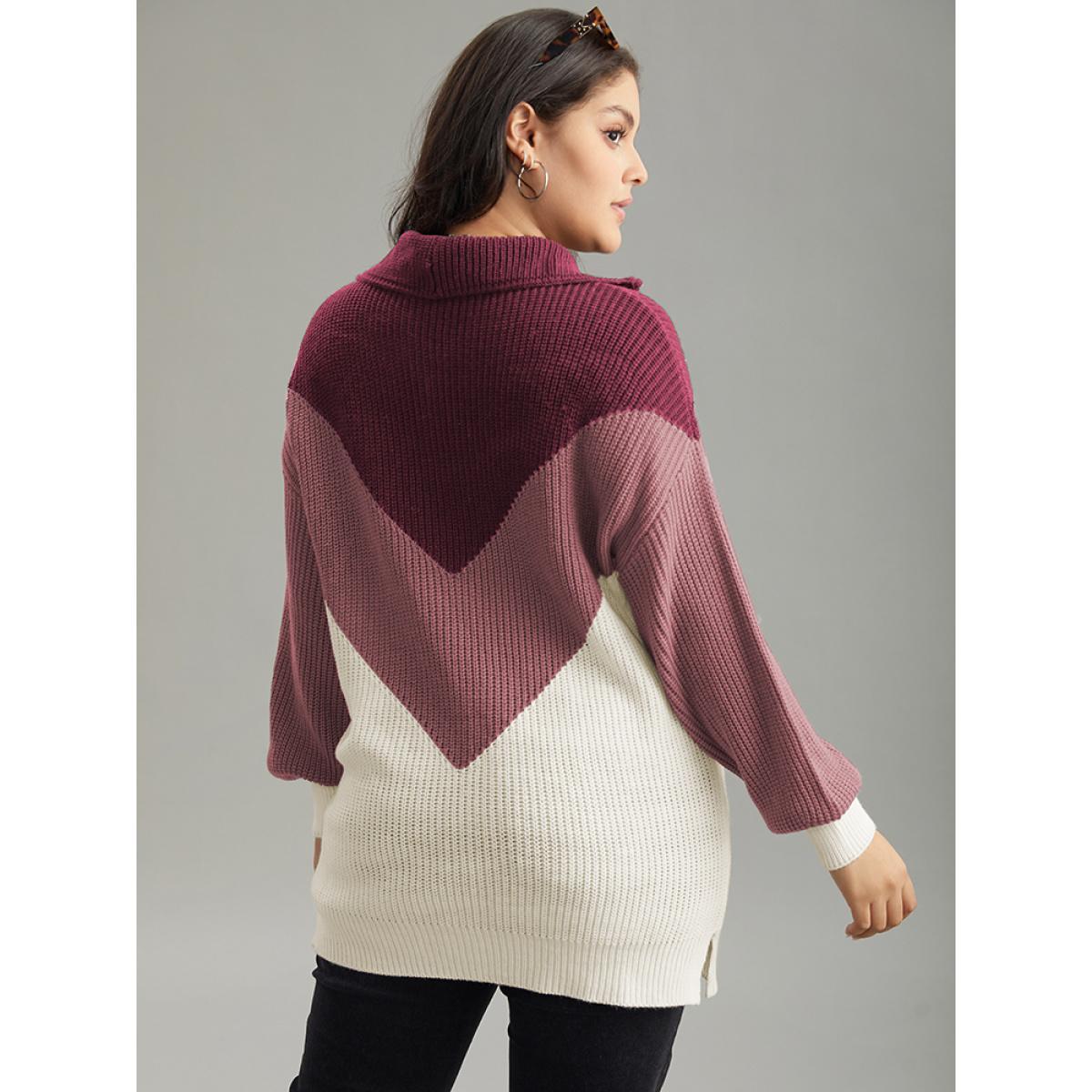 Plus Size Colorblock Patchwork Zipper Lapel Collar Pullover Burgundy Women Casual Long Sleeve Lapel Collar Everyday Pullovers BloomChic 26/4X Product Image