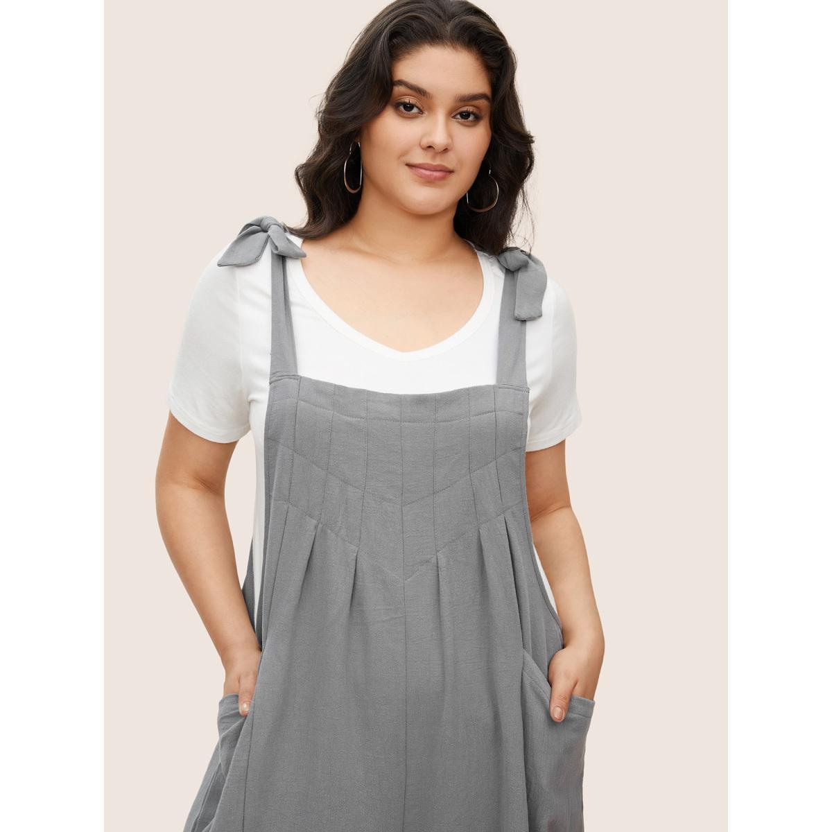 Plus Size Gray Solid Pleated Detail Pocket Knotted Shoulder Overall Jumpsuit Women Casual Sleeveless Non Everyday Loose Jumpsuits BloomChic 10/M Product Image