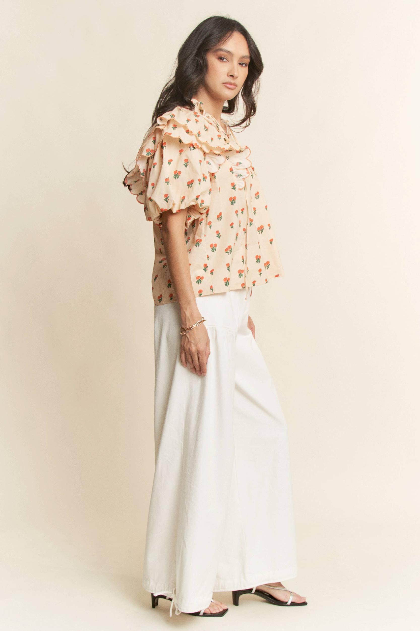 CONTRAST EDGE RUFFLE PUFF SLEEVE BLOUSE TOP: MOCHA BROWN Product Image