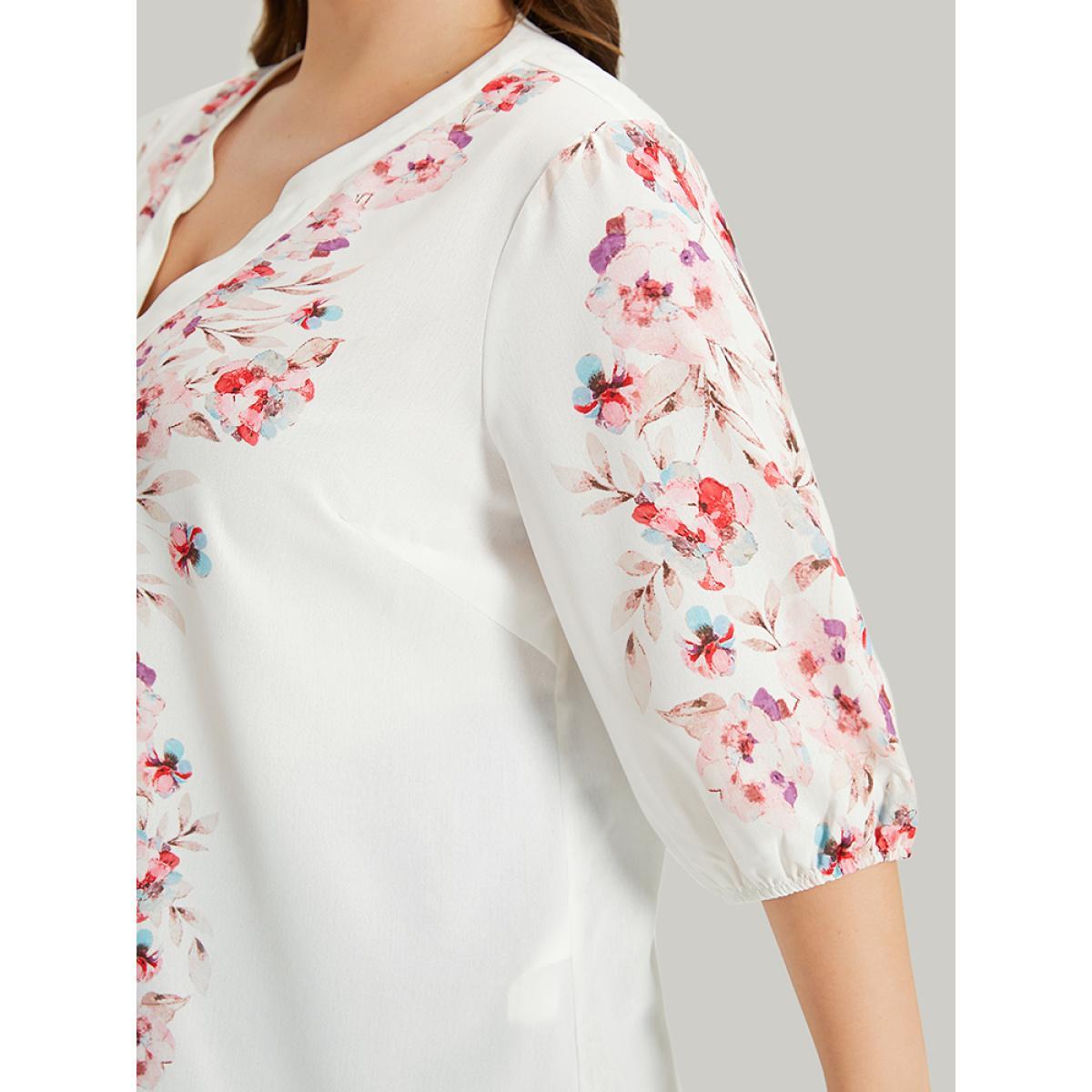 Plus Size White Floral Print Button Detail Notched Lantern Sleeve Blouse Women Elegant Half Sleeve Notched collar Dailywear Blouses BloomChic 18-20/2X Product Image