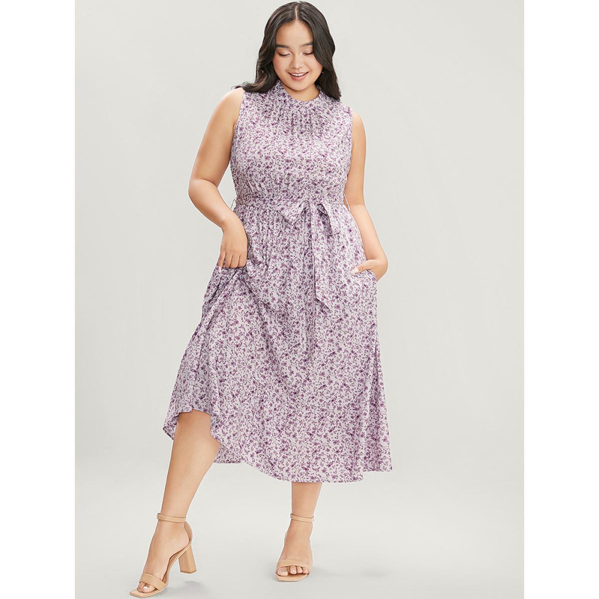 Plus Size Ditsy Floral Keyhole Pocket Belted Mock Neck Ruffles Dress Lavender Women Elegant Pocket Mock Neck Sleeveless Curvy Midi Dress BloomChic 12/L Product Image