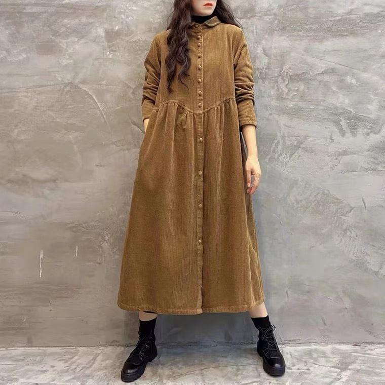 Long-Sleeve Corduroy Button-Up Midi Shirtdress Product Image