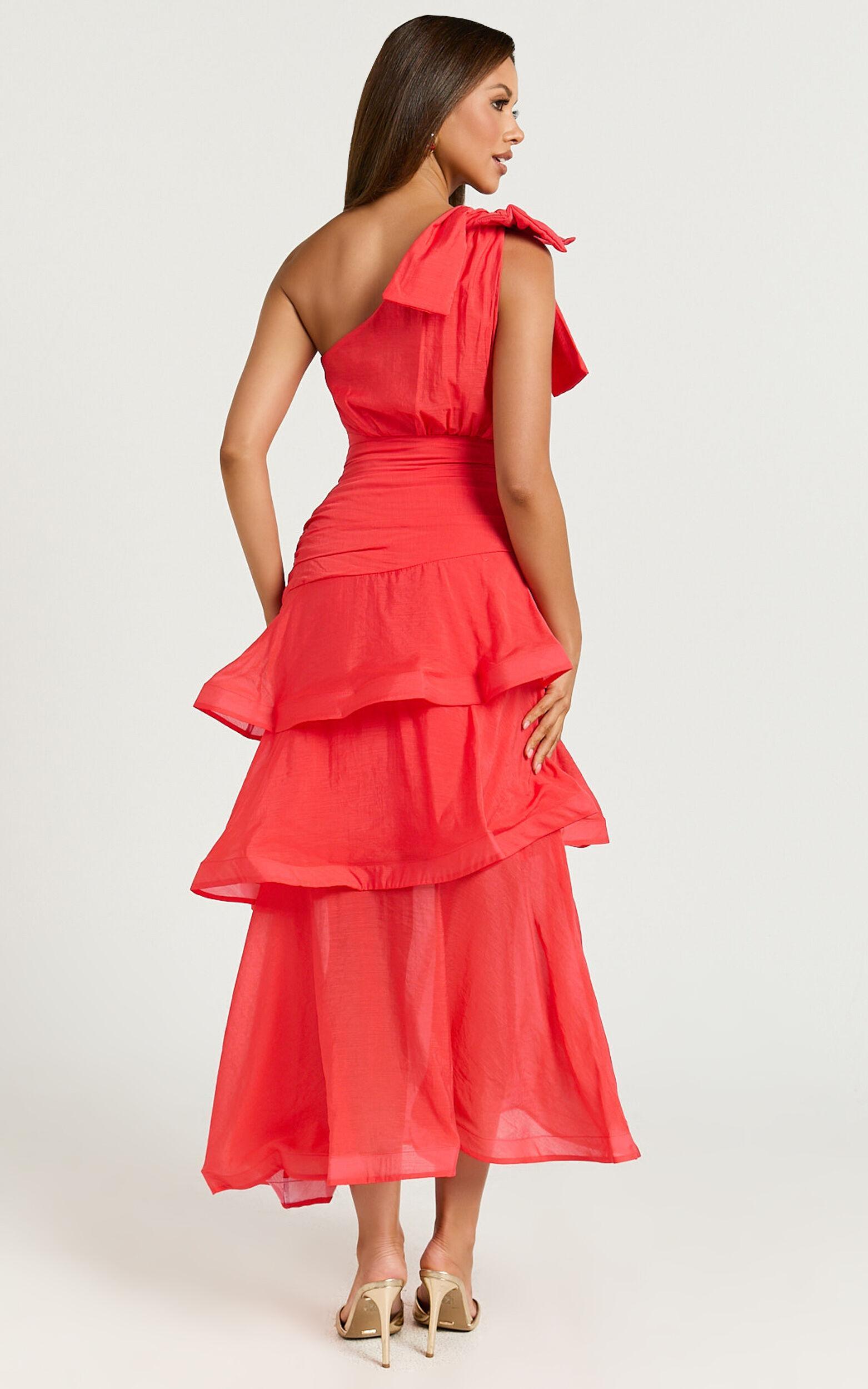 Eugenia Midi Dress - One Shoulder Fit and Flare Layered Dress in Red Product Image