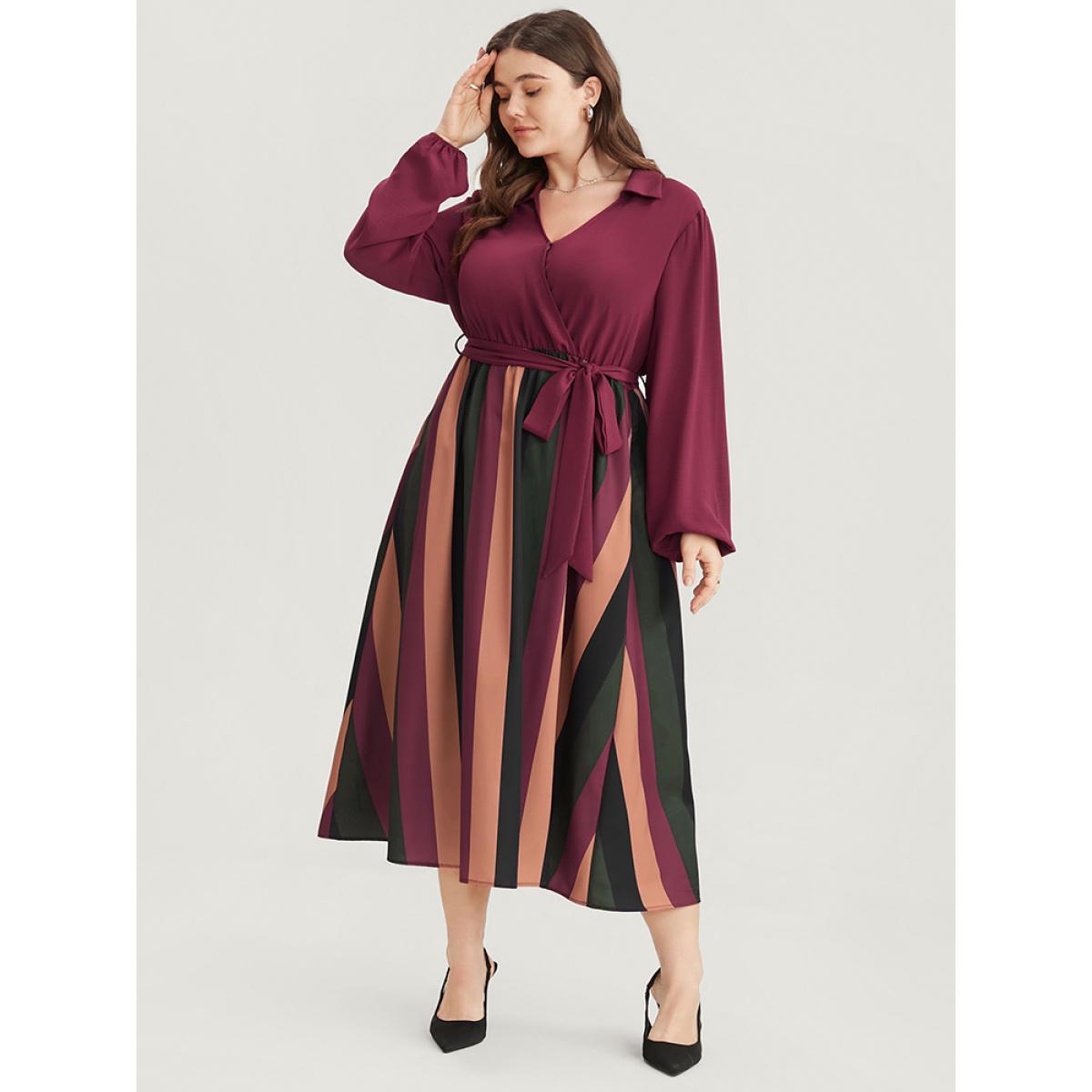 Plus Size Solid Patchwork Wrap Pocket Lantern Sleeve Belted Striped Dress Multicolor Women Office Patchwork V-neck Long Sleeve Curvy Midi Dress BloomChic 28/5X Product Image