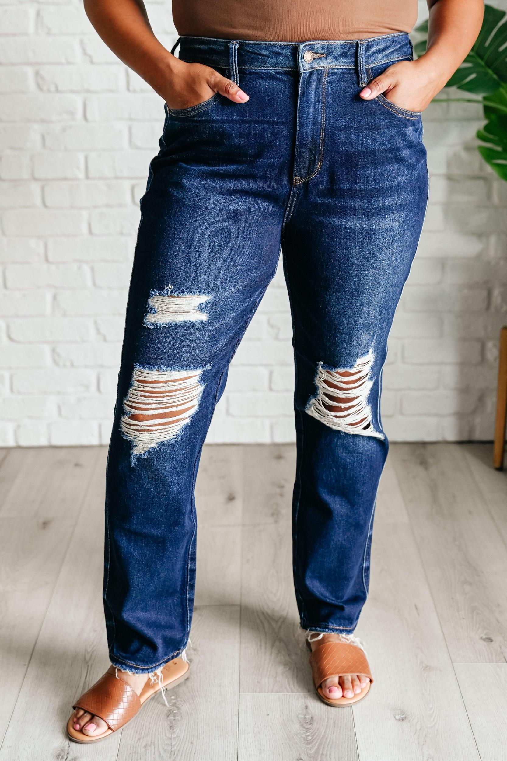Judy Blue Rigid Magic Distressed Dark Wash Straight Jeans Product Image