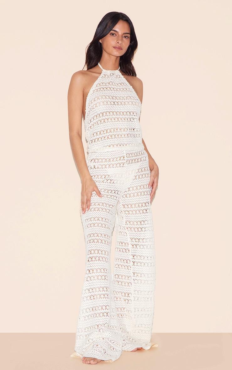 Cream Crochet Wide Leg Pant Beach Set Product Image