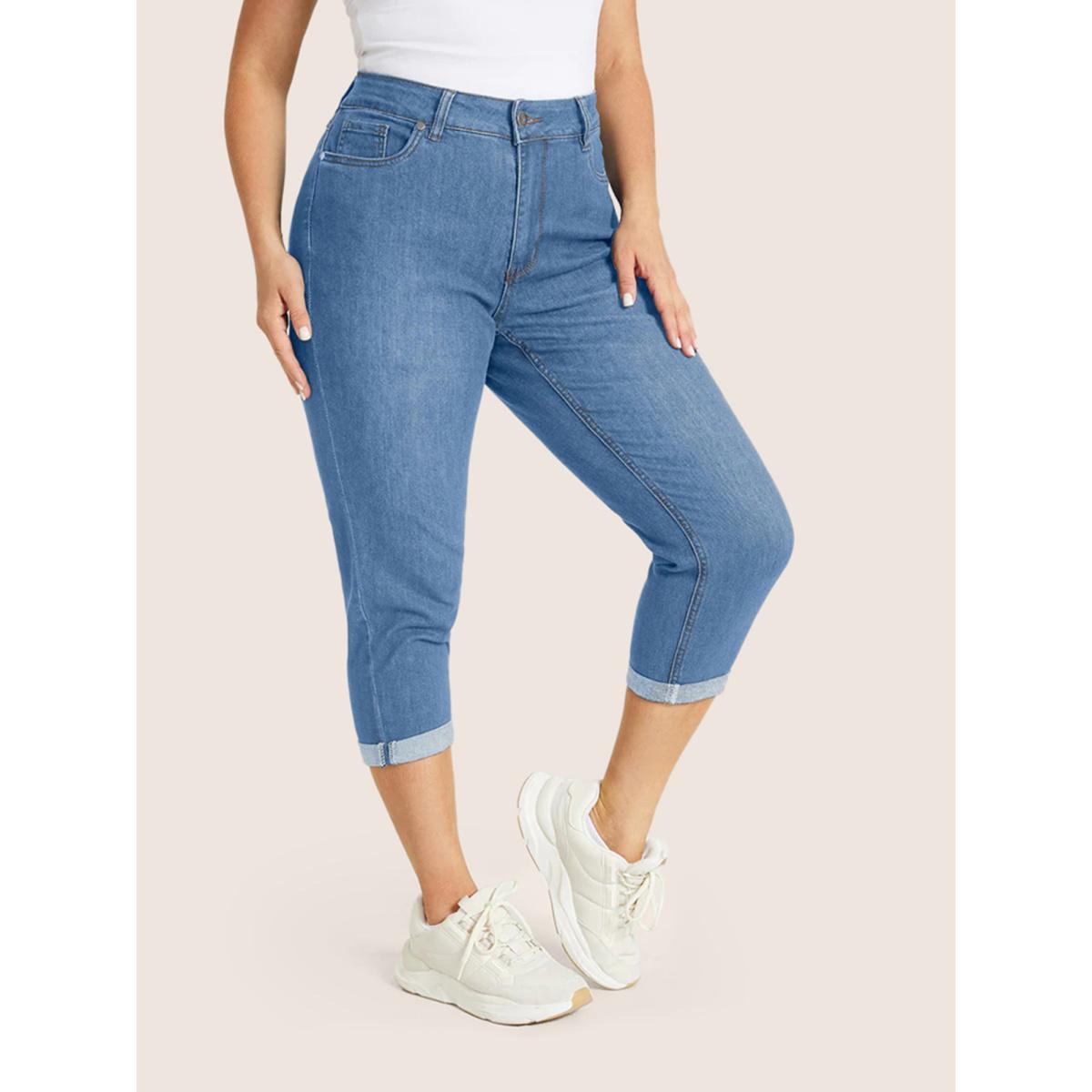 Plus Size Very Stretchy High Rise Dark Wash Cropped Jeans Women LightBlue Casual Plain High stretch Slanted pocket Jeans BloomChic 12/L Product Image