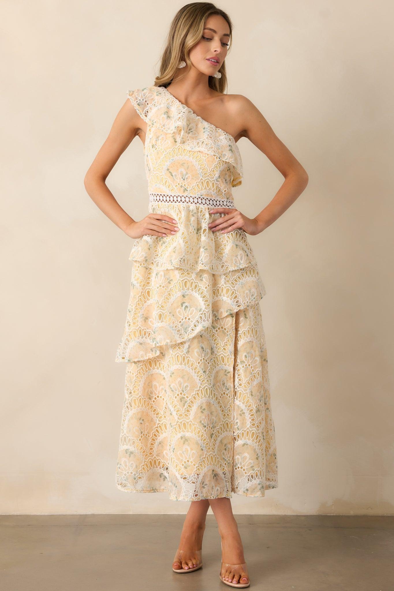 Vineyard Stroll Yellow Floral Embroidered One Shoulder Maxi Dress Product Image
