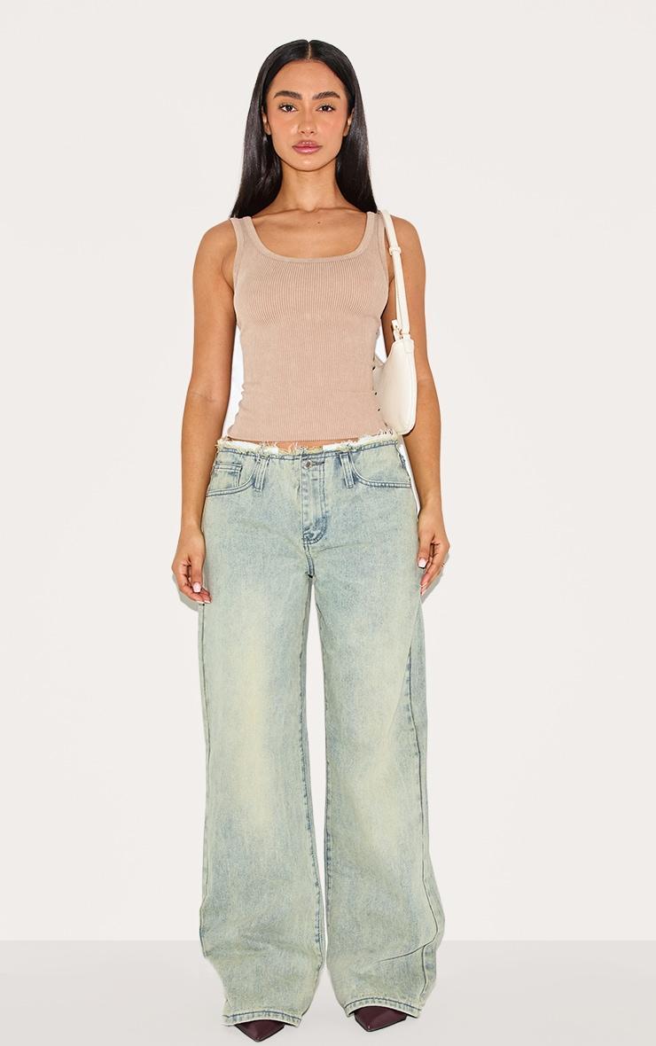 Petite Vintage Wash Fray Waist Low Rise Straight Leg Jeans Product Image