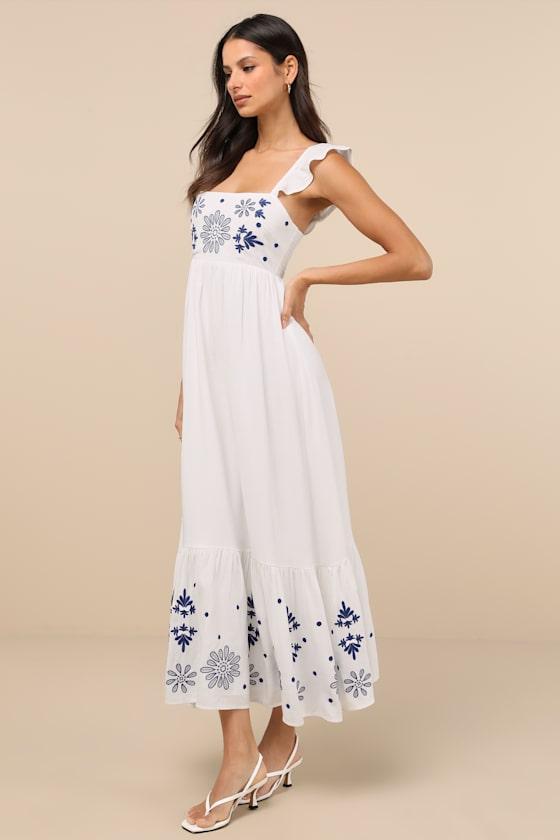 Marla Ivory Linen Embroidered Maxi Dress Product Image