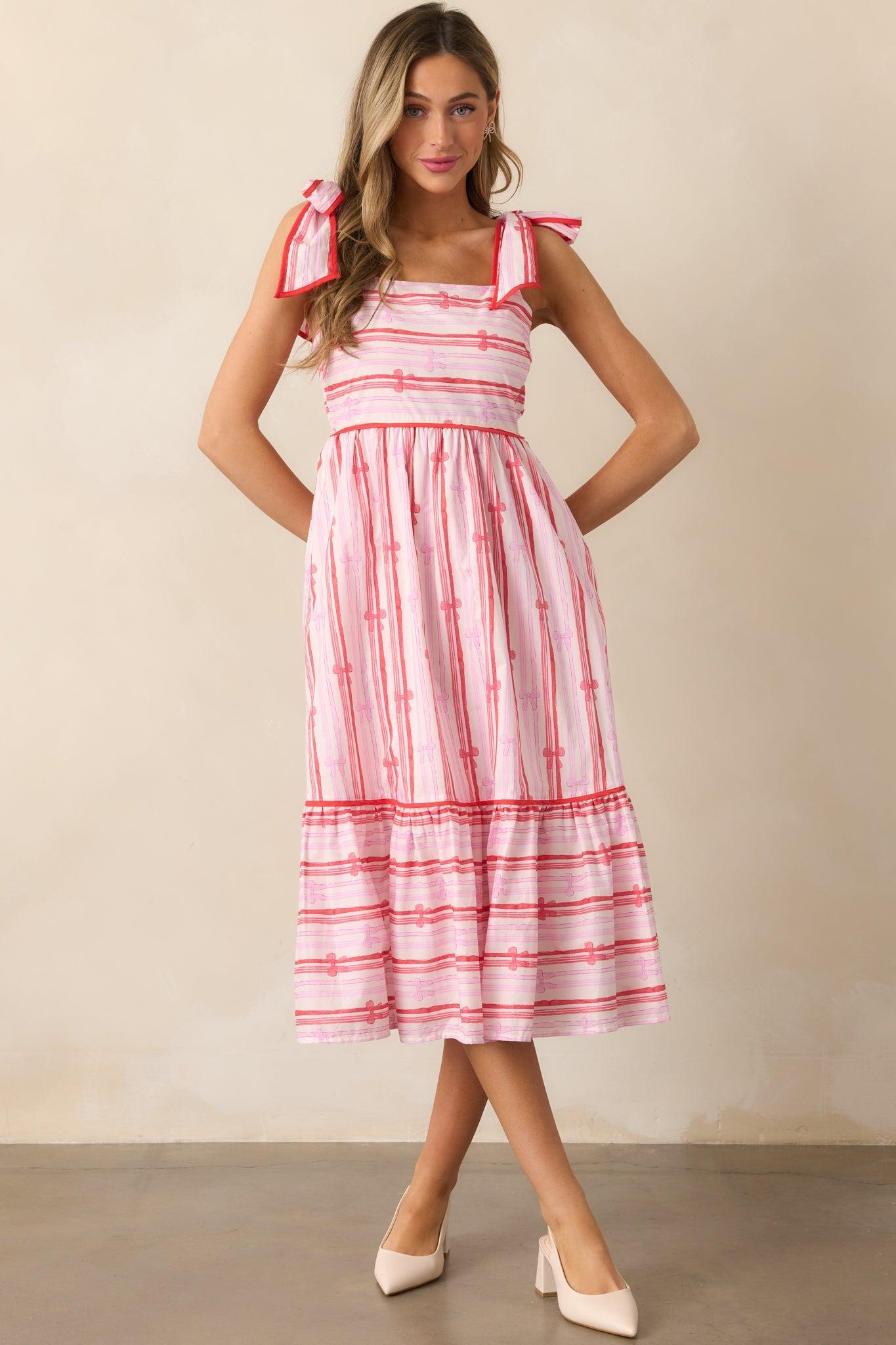 Through The Fields Pink Multi Stripe Cotton Midi Dress Product Image