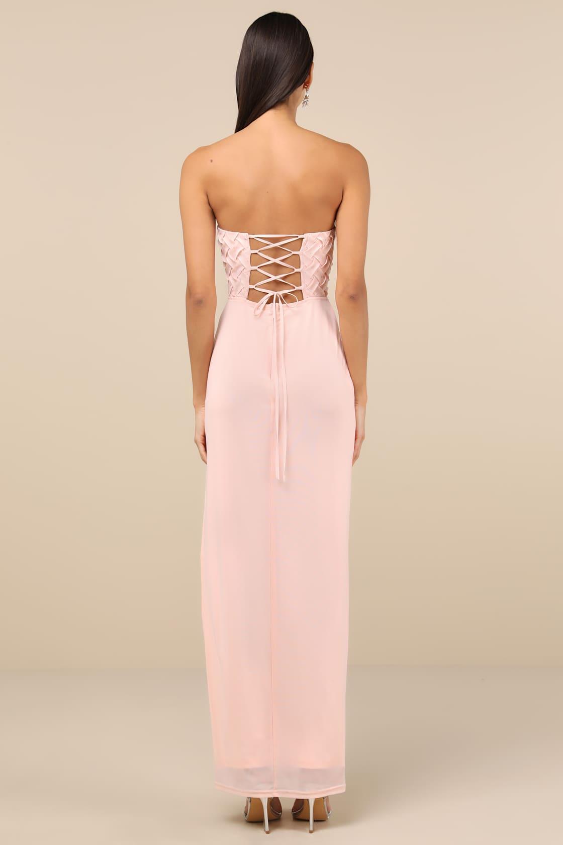 Stunning Concept Light Pink Mesh Rhinestone Strapless Maxi Dress Product Image
