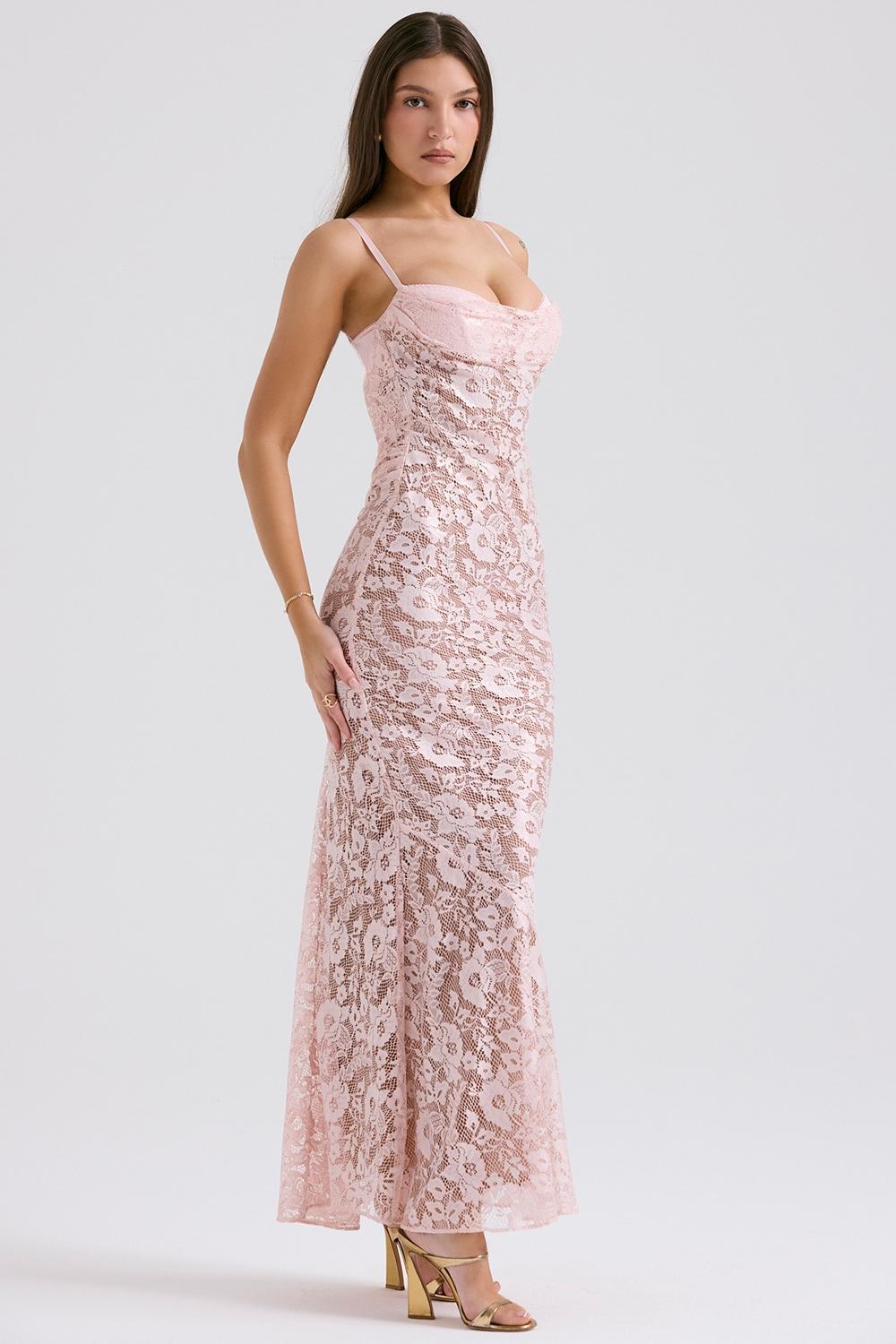 Azzurra Rose Pink Lace Godet Gown Product Image