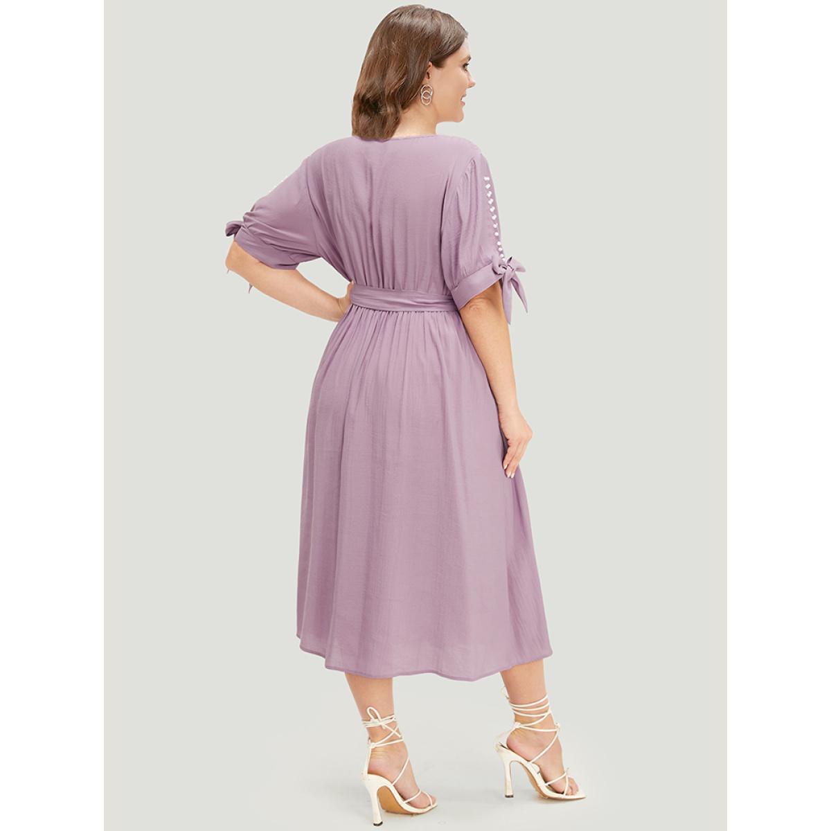 Plus Size Plain Pearl Beaded Knotted Sleeve Pocket Belted Ruffle Dress Heather Women Office Beaded V-neck Half Sleeve Curvy Midi Dress BloomChic 10/M Product Image