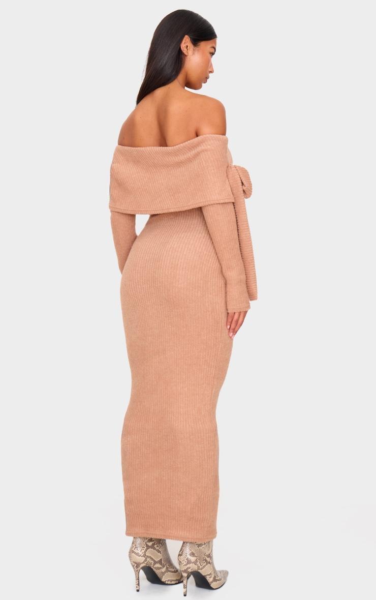 Taupe Brushed Rib Bow Detail Bardot Maxi Dress Product Image