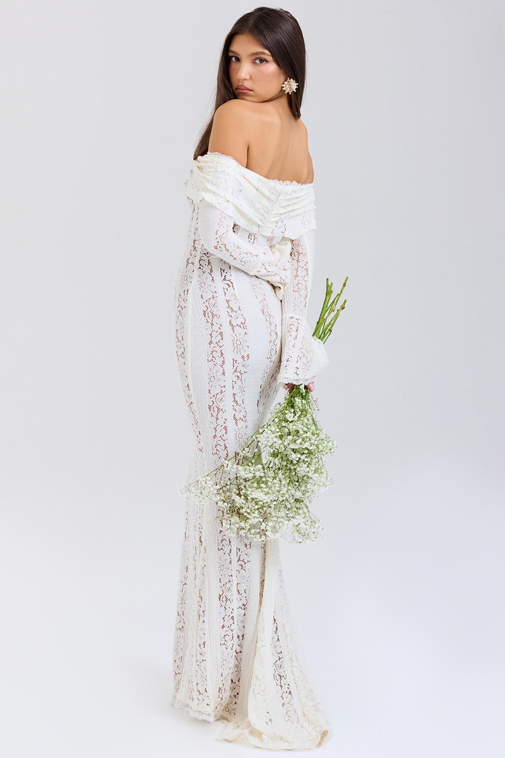 Belle  vintage cream floral lace off shoulder maxi dress Product Image