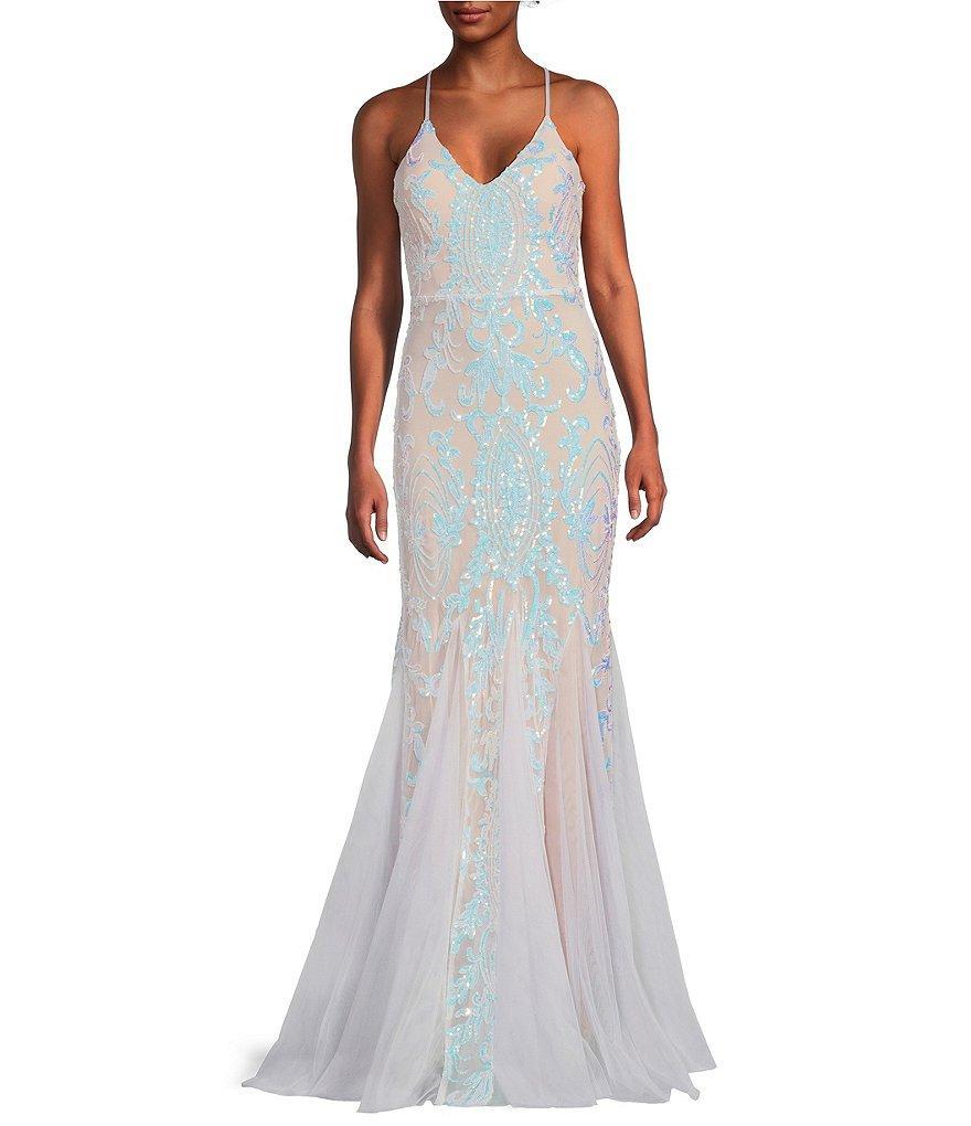 Midnight Doll Placement Iridescent Sequin V-Neck Sleeveless Lace Up Back Godet Dress Product Image