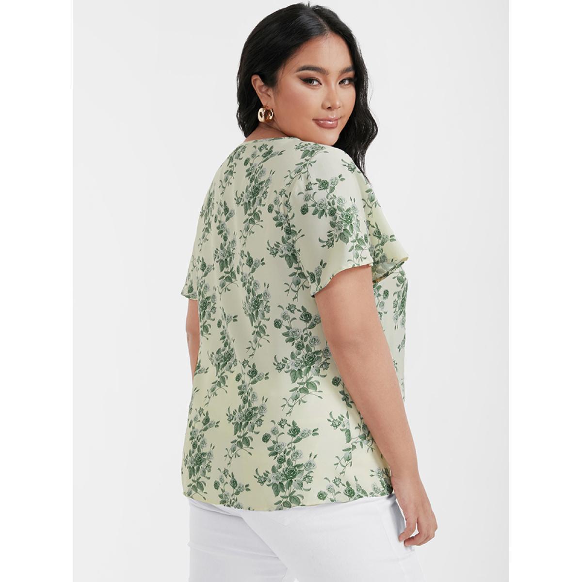 Plus Size Apricot Ditsy Floral Twist-front Flutter V Neck Blouse Women Elegant Short sleeve V-neck Dailywear Blouses BloomChic 22-24/3X Product Image