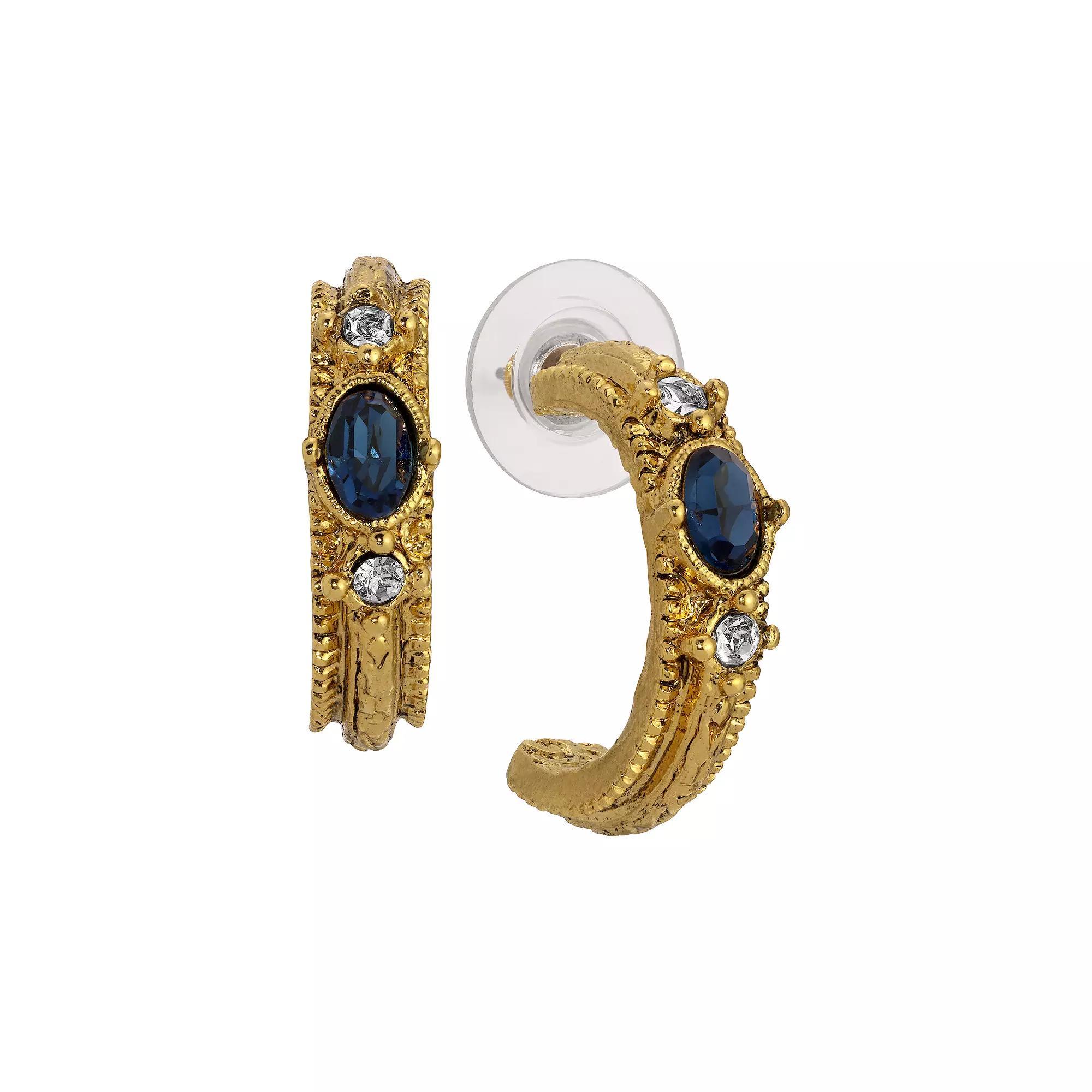 1928 Gold Tone Oval Crystal Hoop Earrings, Womens, Blue Product Image