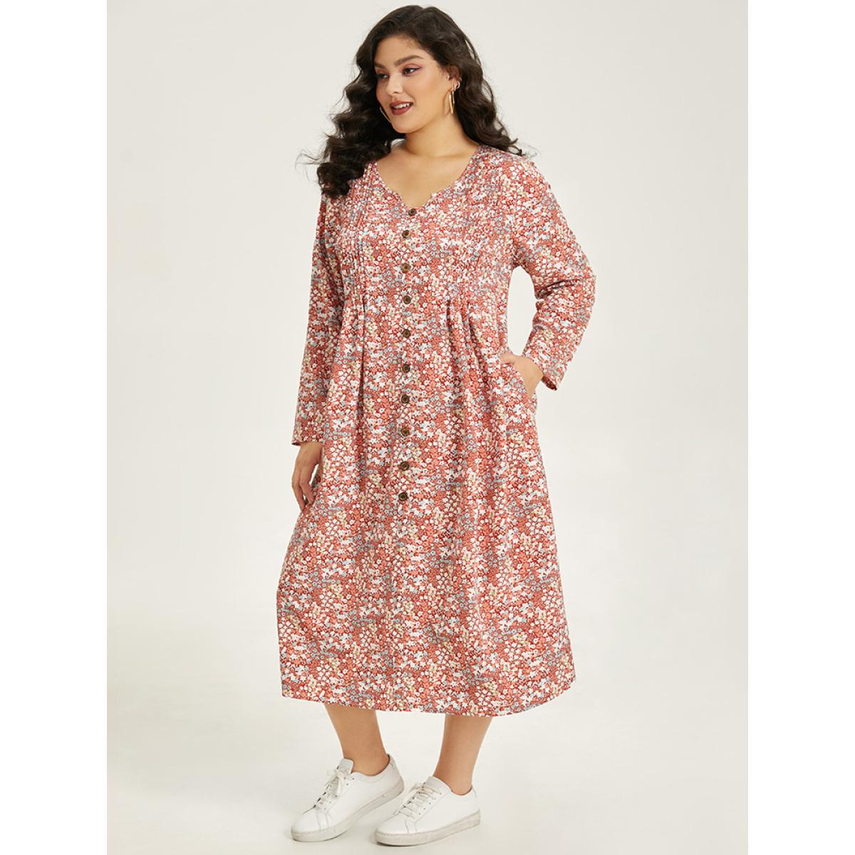 Plus Size Ditsy Floral Notched Pocket Button Detail Dress Russet Women Casual Printed Notched collar Long Sleeve Curvy Midi Dress BloomChic 22-24/3X Product Image