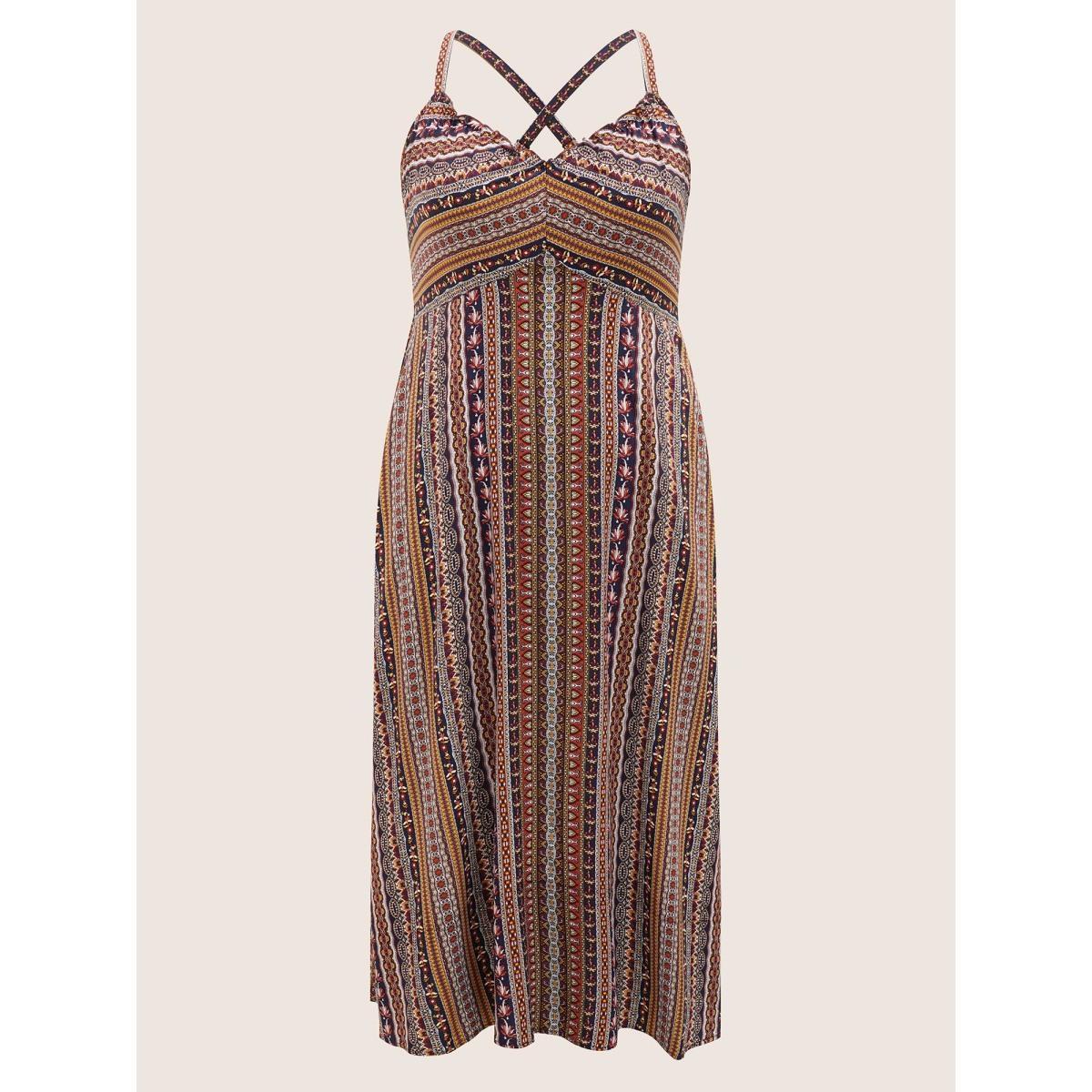 Plus Size Boho Print Elastic Waist Split Hem Cami Dress Navy Women Resort Non V-neck Sleeveless Curvy BloomChic 26/4X Product Image