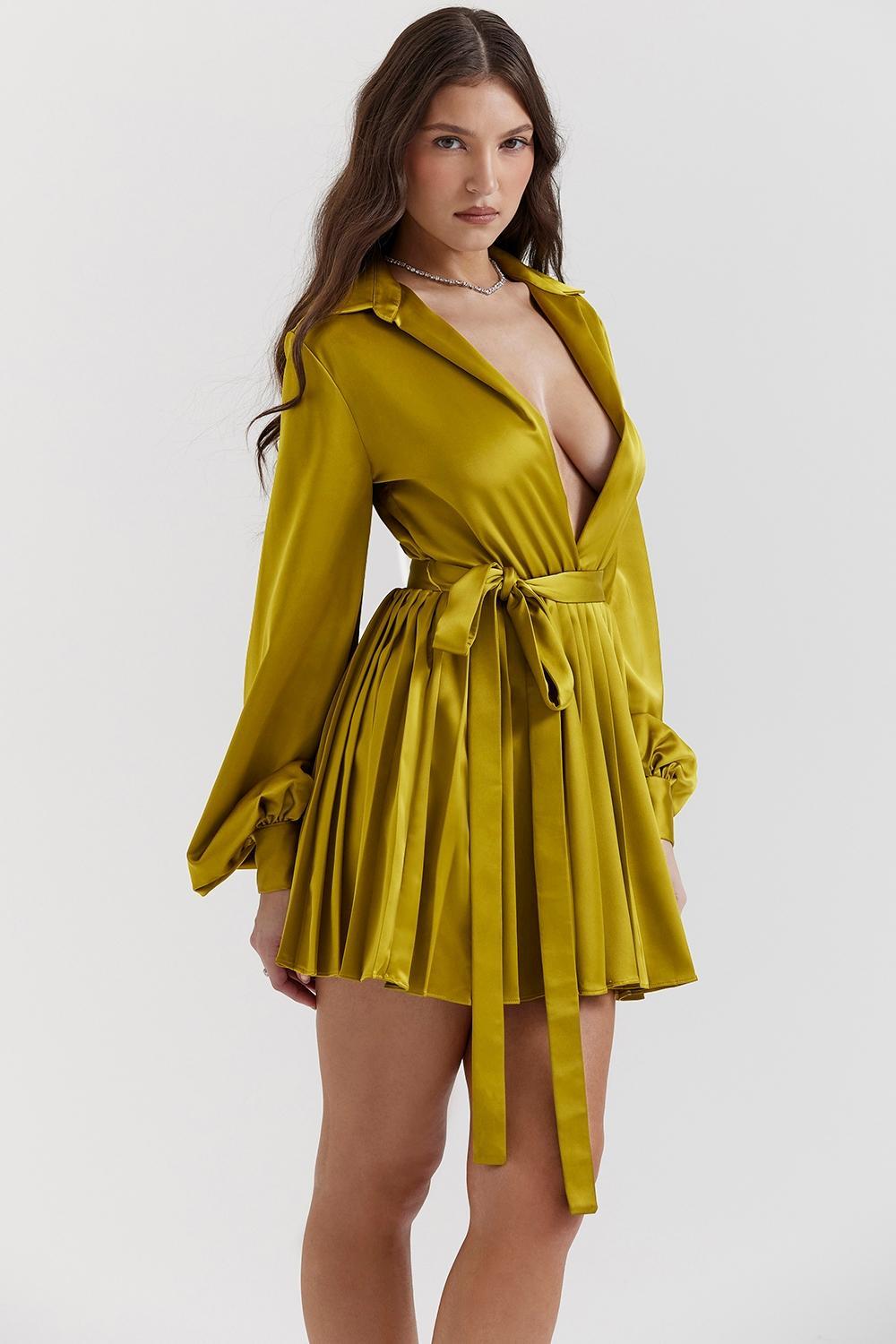 Allegra Chartreuse Pleated Shirt Dress Product Image