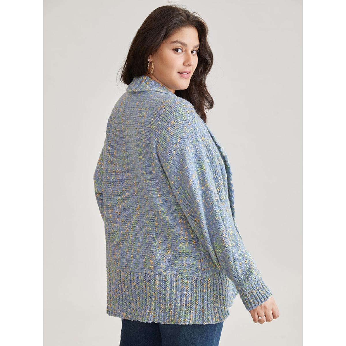 Plus Size Heather Contrast Lapel Collar Curved Hem Cardigan LightBlue Women Casual Loose Long Sleeve Dailywear Cardigans BloomChic 12/L Product Image