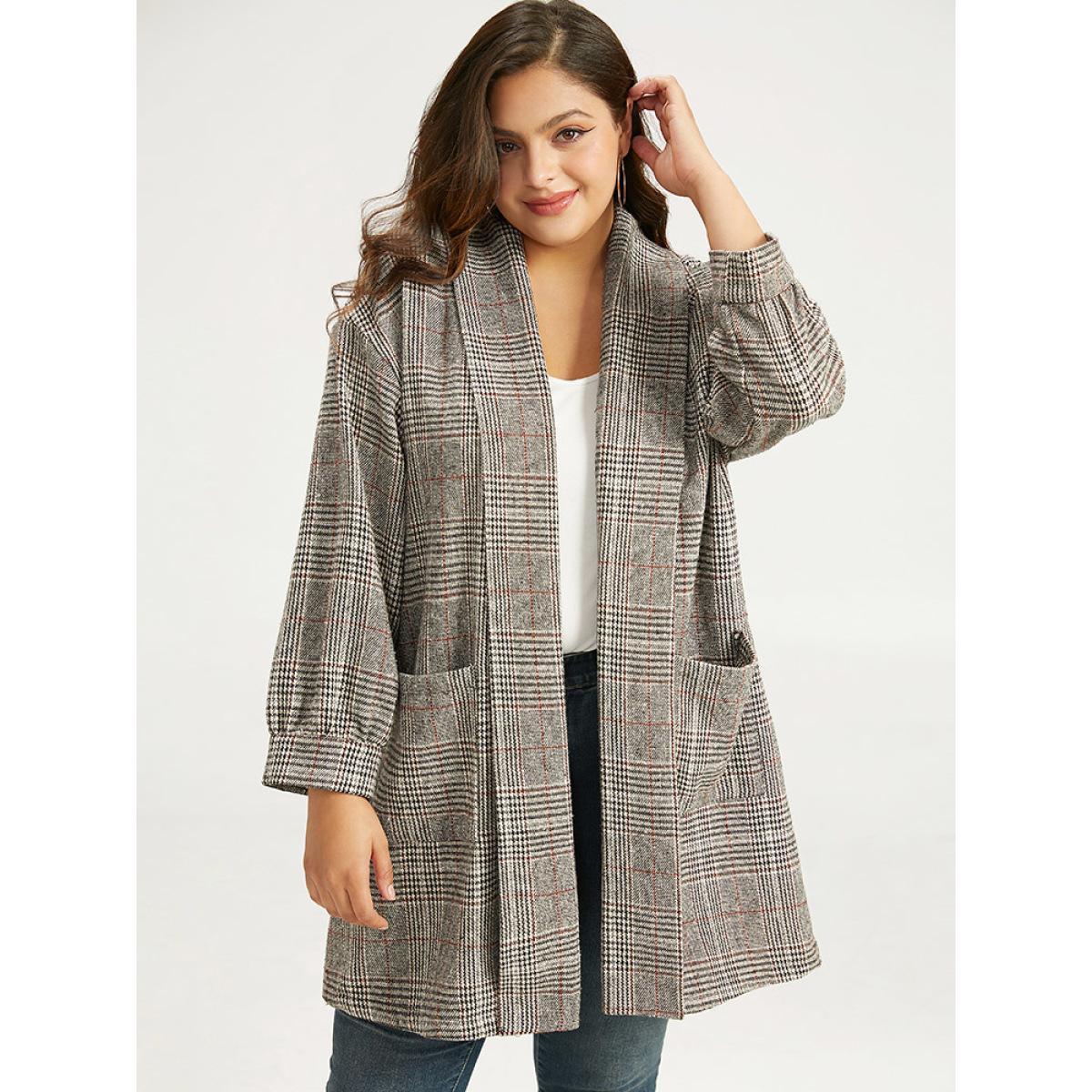 Plus Size Plaid Lapel Collar Patched Pocket Coat Women Tan Casual Texture Ladies Dailywear Winter Coats BloomChic 18-20/2X Product Image