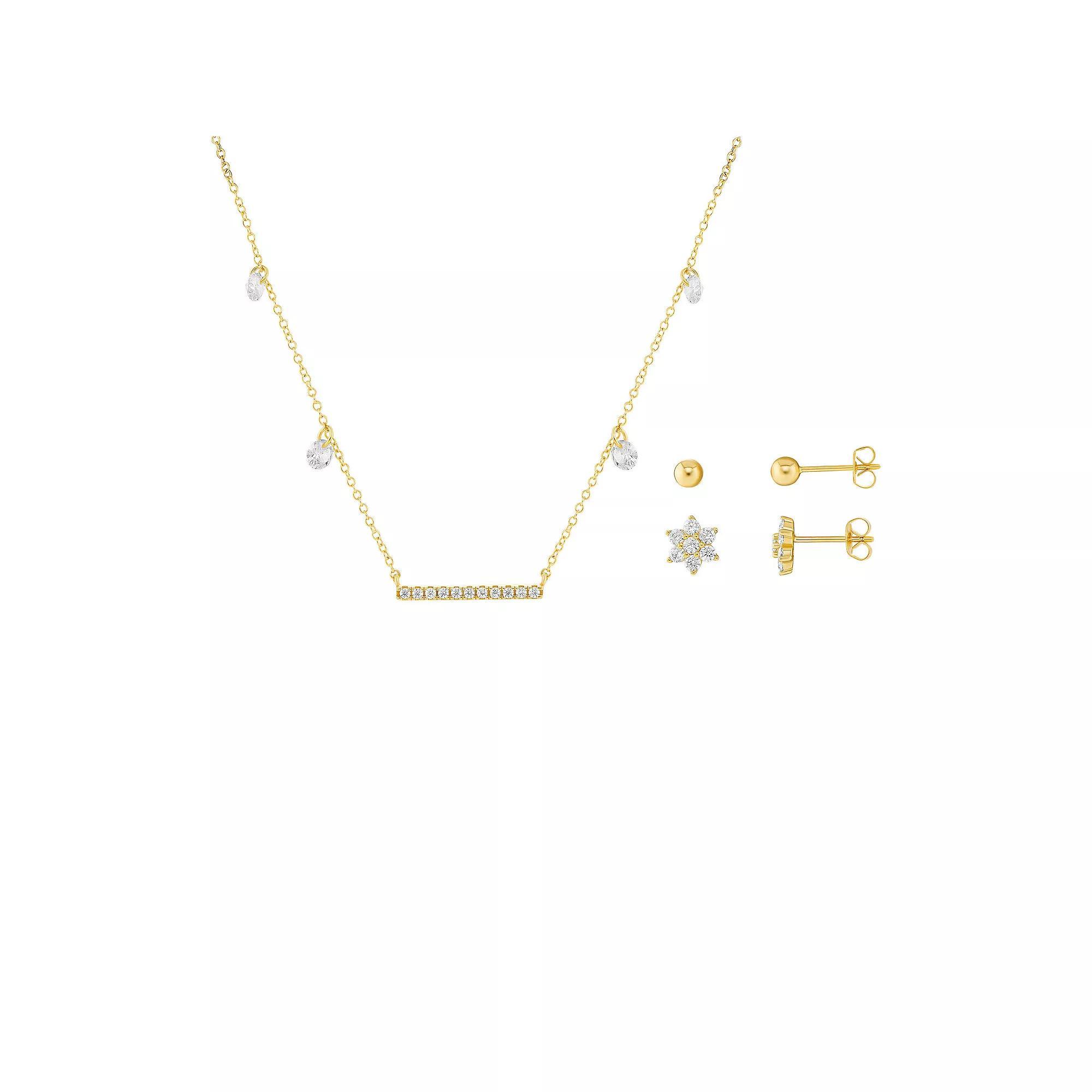 Brilliance 18k Gold Flash Plated Cubic Zirconia Stud Earrings and Bar Necklace 3-Piece Set, Women's, Size: 18", Yellow Gold Tone Clear Product Image
