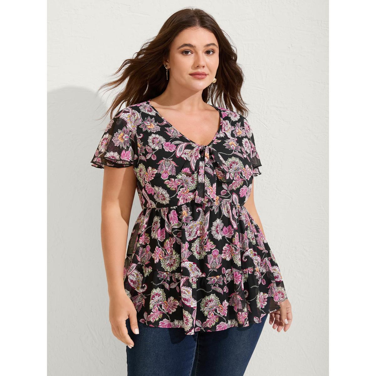 Plus Size Black Floral Paisley Print Ribbon Tie Blouse Women Cap Sleeve V-neck Vacation Blouses BloomChic 28/5X Product Image