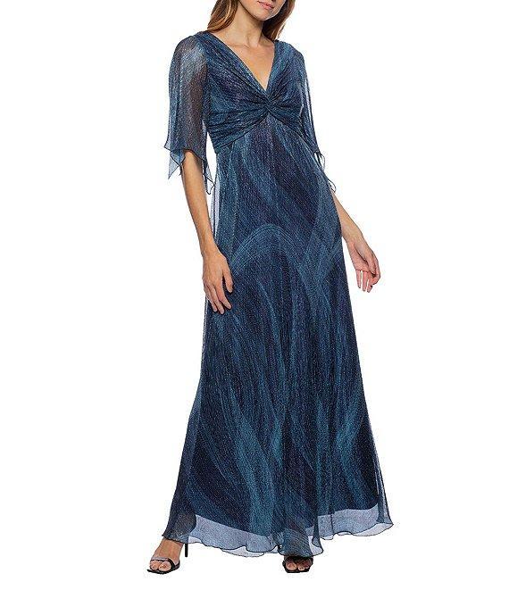 Marina Gathered V-Neck 3/4 Flutter Sleeve Metallic Mesh Gown Product Image