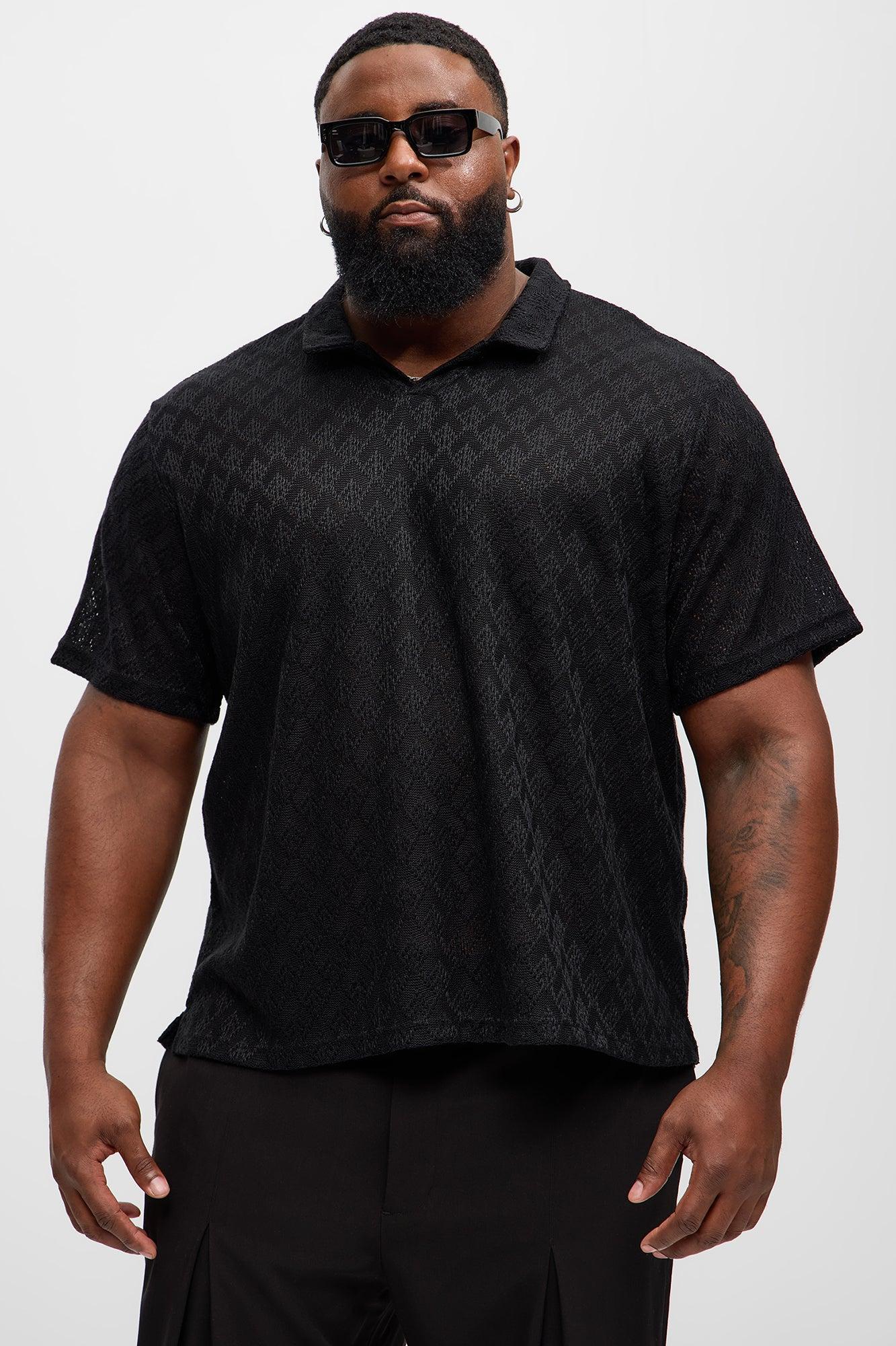 Diamond Shape Knit Johnny Collar Shirt - Black Product Image