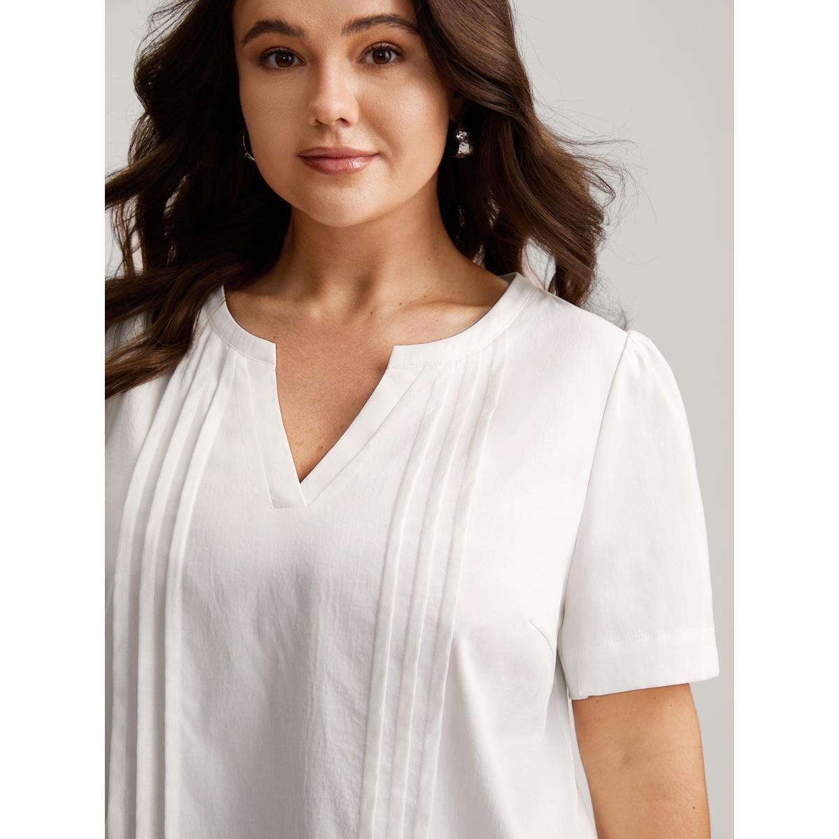 Plus Size Ivory Toothpick Pleats Notched Collar Solid Blouse Women Short sleeve Notched collar Work Blouses BloomChic 28/5X Product Image