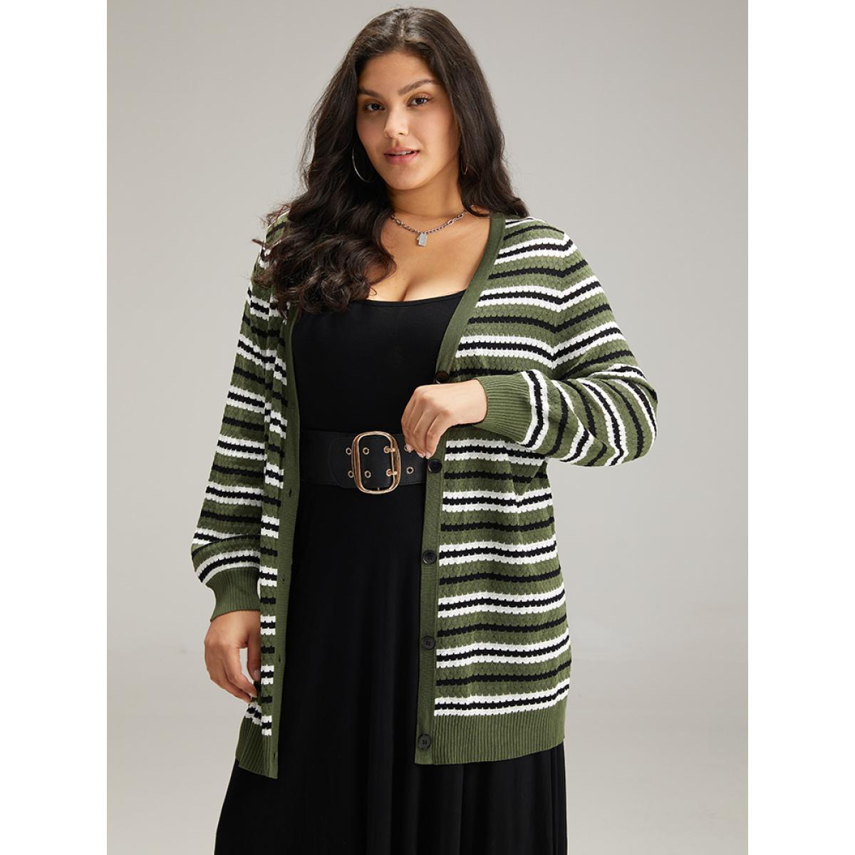 Plus Size Striped Contrast Elastic Cuffs Button Through Cardigan Multicolor Women Glamour Loose Long Sleeve Dailywear Cardigans BloomChic 26/4X Product Image
